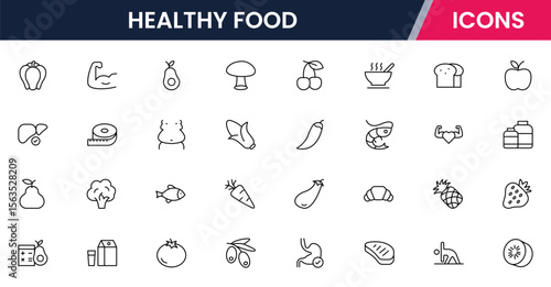 Healthy food icons in line vector style showcasing various nutritious items and drinks for a balanced diet