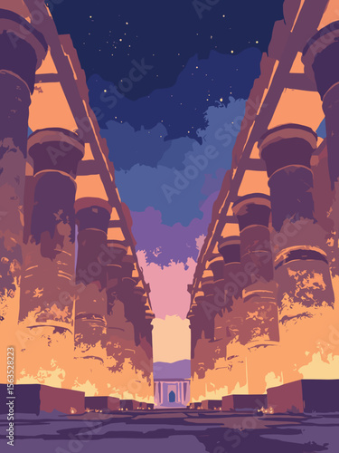 Luxor Temple columns glowing under twilight with sandstone amber pillars, indigo sky, and soft torchlight gold
