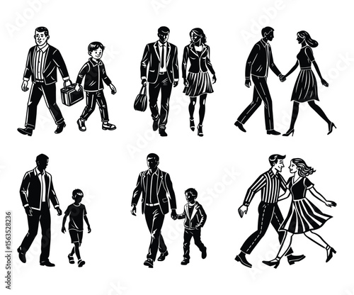 Dad Holding Daughter’s Hand Fatherhood Silhouette Vector for Family Love Concepts.