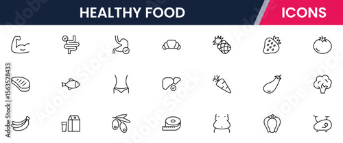 Healthy food icons in line vector style showcasing various nutritious items and drinks for a balanced diet