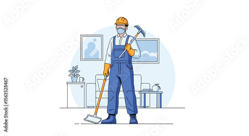 Professional cleaner ready for thorough housekeeping and sanitation tasks in a residential setting