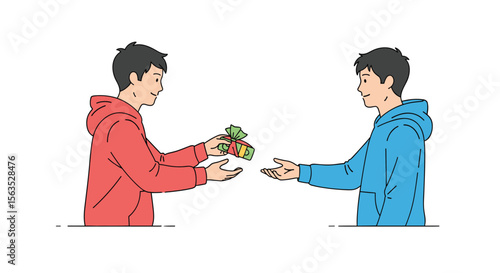 Generosity and kindness two people sharing gifts money and presents with open hands supporting each other