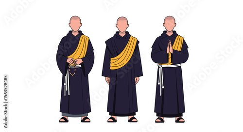 Three buddhist monks in traditional robes standing in a line showing different poses and gestures
