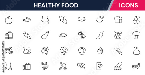 Healthy food icons in line vector style showcasing various nutritious items and drinks for a balanced diet