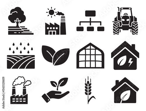 Agriculture technology and smart farming glyph icon set for modern cultivation showing farm innovation hydroponics drone monitoring and automated agricultural process