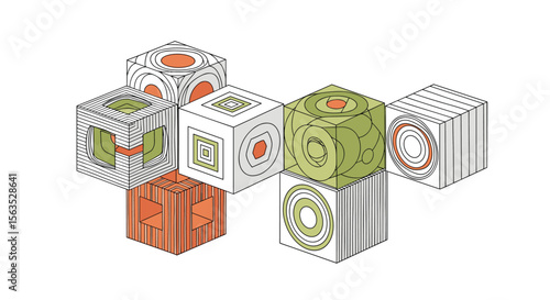 Abstract geometric modular cube structures with internal patterns and interlocking elements for architectural design concepts and spatial exploration