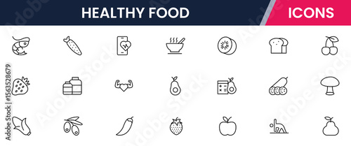 Healthy food icons in line vector style showcasing various nutritious items and drinks for a balanced diet