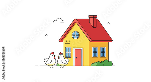 Charming countryside cottage with two friendly chickens enjoying a sunny day outdoors