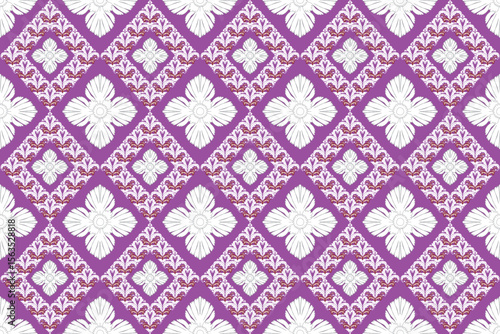 This design features white floral motifs arranged in a diagonal grid of purple diamonds, creating a balanced and elegant geometric pattern with a traditional Thai feel.