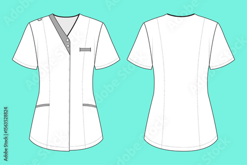 Women short sleeve Nursing medical Scrub Tops fashion flat sketch CAD mockup front and back views.