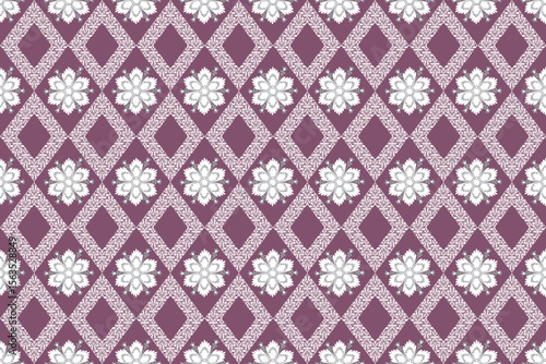This design features white floral motifs arranged in a diagonal grid of purple diamonds, creating a balanced and elegant geometric pattern with a traditional Thai feel.