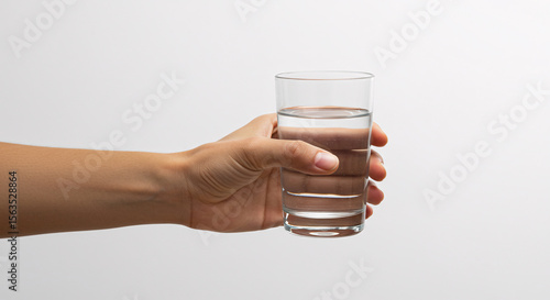 Hand holding a glass of fresh pure water. A simple concept for hydration, health, and wellness, isolated on a clean white background with copy space for text.