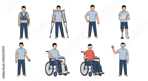 Collection of injured people requiring medical aids and support for recovery