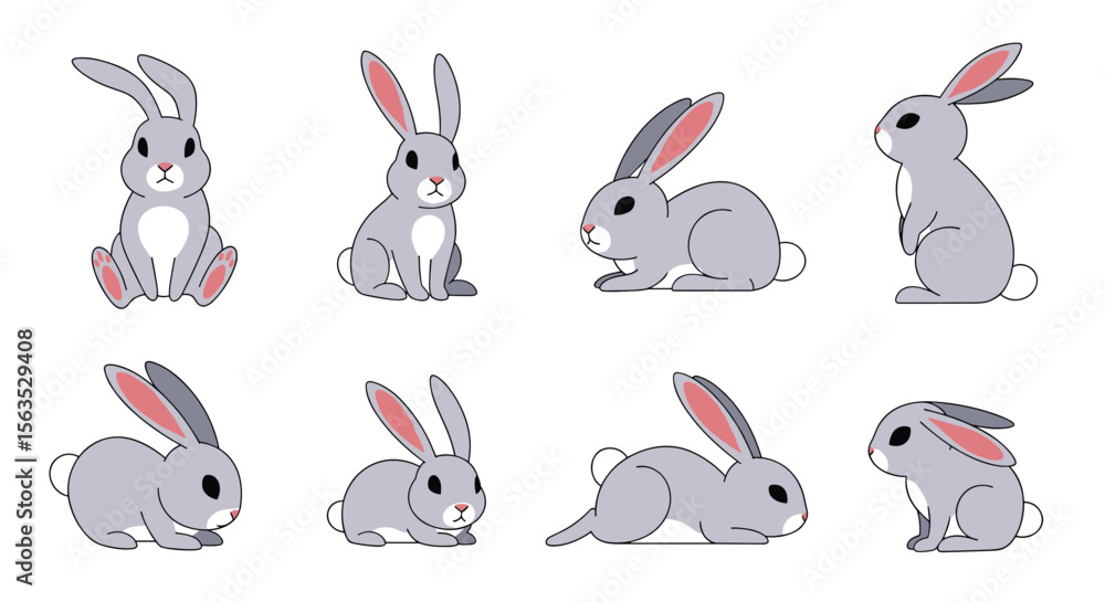 Fototapeta premium Collection of adorable gray rabbits in various poses for easter and spring themes