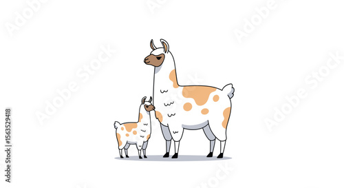 Adorable llama mother and baby illustration with spotted fur patterns