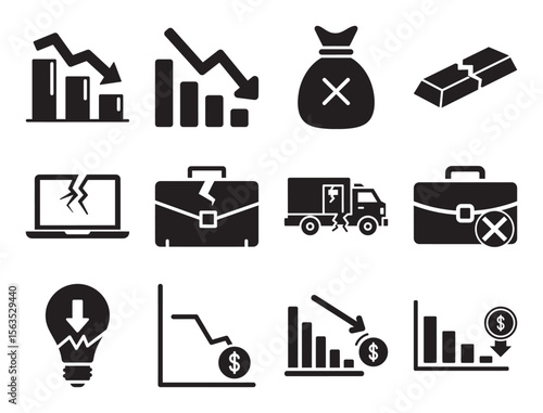 Business decline and failure vector icon set showing financial loss crisis bankruptcy recession and other symbols of downward trend and economic problem