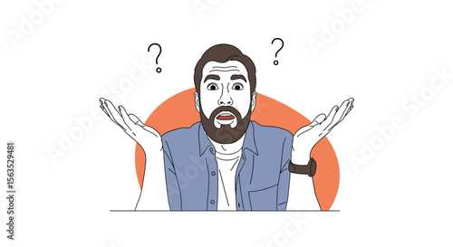 Confused man shrugging shoulders with question marks overhead expressing uncertainty and bewilderment