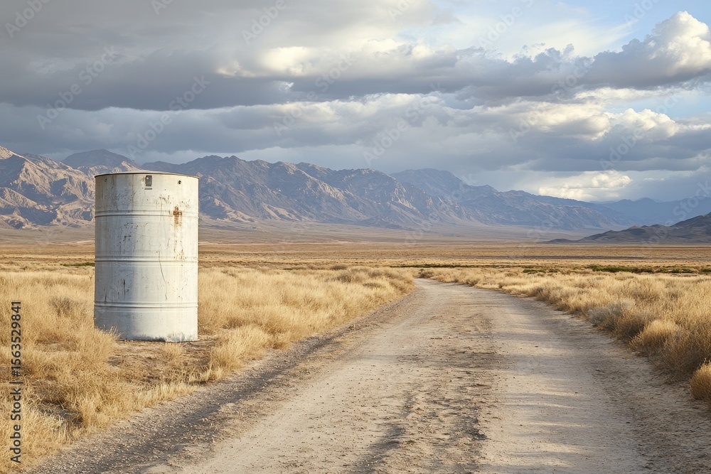 Obraz premium Empty Desert Road with Industrial Drum and Mountain Range Background