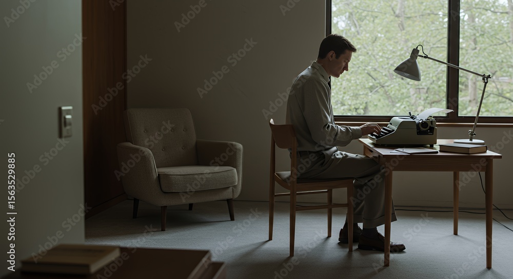 A man sits alone in a dimly lit room, focused intently on writing at his vintage typewriter, lost in thought and creativity. A man sits alone in a dimly lit room, focused intently on writing at his vintage typewriter, lost in thought and creativity.