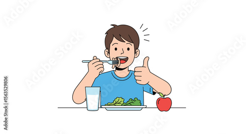 A happy boy enjoys a nutritious meal giving a thumbs up
