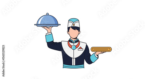 Elegant hotel bellhop offering delicious food service with a blue serving tray and a golden tray accompaniment