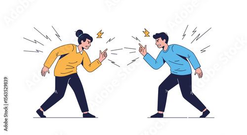 Two people in a heated argument with energy lines and conflict symbols radiating between them showing strong disagreement and tension