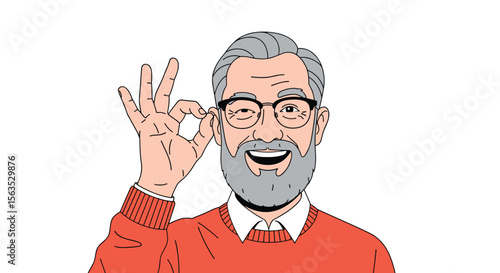 Elderly man with gray hair and beard wearing glasses and an orange sweater gives a positive hand gesture