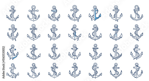 Collection of diverse nautical anchors for marine themed design projects