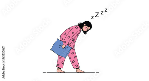 Woman in pajamas holding pillow walking sleepy exhausted tired after not sleeping well feeling drowsy