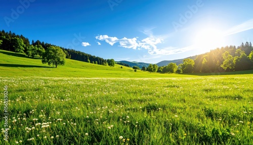 Fototapeta Naklejka Na Ścianę i Meble -  A picturesque view of a green meadow under a bright, sunny sky with rolling hills in the background, perfect for nature lovers.