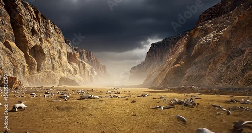 A desolate canyon, littered with scattered bones, under a dramatic, stormy sky.  Vast, rugged, ochre-colored cliffs frame a dried-up riverbed, strewn with skeletal remains