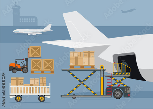 Loading boxes to flight aircraft stock illustration.
