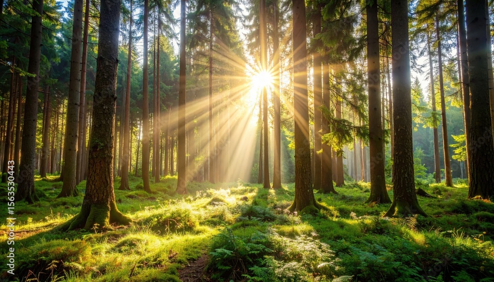 Fototapeta premium A serene forest with golden sunlight streaming through tall trees, illuminating vibrant green foliage and creating a tranquil atmosphere.