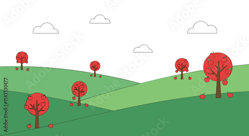 A charming animated scene of rolling green hills with red autumn trees and fluffy white clouds adorning the sky