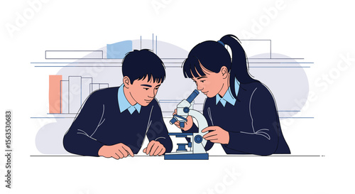 Two young students collaborating on a science experiment using a microscope in a bright classroom setting with bookshelves in the background