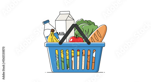 Fresh groceries filling a blue shopping basket with milk bread fruits and vegetables