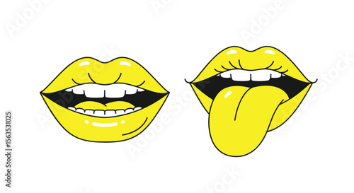 Bold yellow lips with open mouths and tongue out design