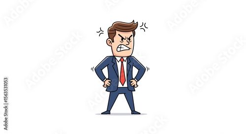 Cartoon businessman expressing extreme anger and frustration with hands on hips and clenched fists