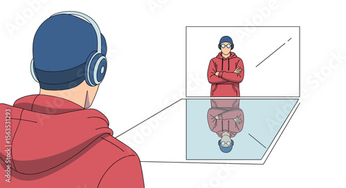 Observer wearing headphones views reflection in transparent surface studying visual perception