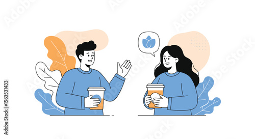 Two people enjoying coffee and conversation amidst abstract nature elements