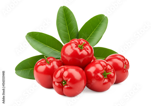 Freshly harvested acerola cherries with green leaves Isolated on transparent background