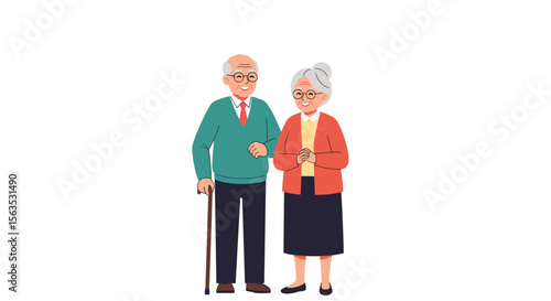 Elderly couple enjoying a stroll together with a cane supporting the gentleman's walk