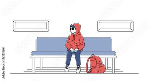 Stylish young person in red hoodie waits patiently on a bench with backpack nearby