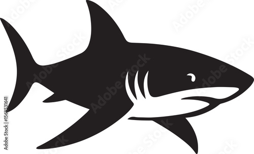 Black and white shark silhouette aggressive pose, Ocean predator illustration vector art