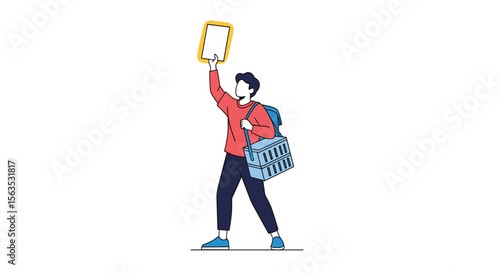 A young man with a backpack holds onto a handrail while traveling on public transport