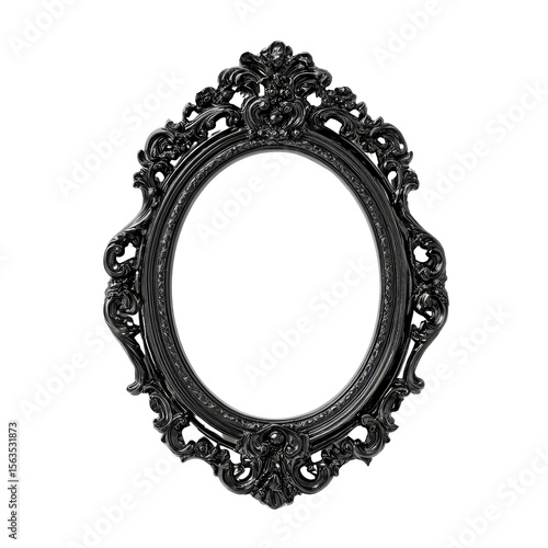 Ornate Black Oval Frame with Intricate Details on Transparent Background