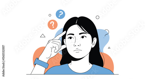 Person contemplating a difficult problem with confusion and thought bubbles showing question marks