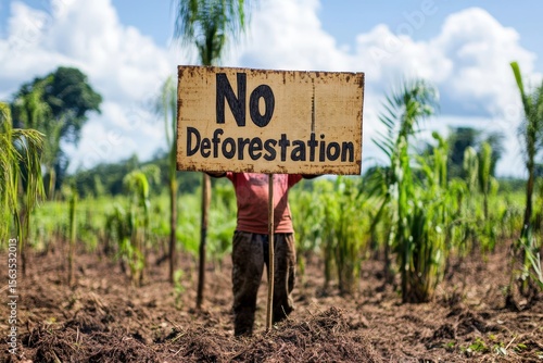Person Holding No Deforestation Sign Amidst Lush Green Environment
