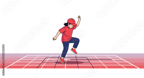 Animated person performing a dynamic dance routine on a grid surface