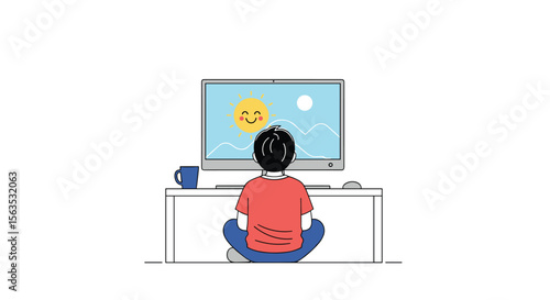 Person watching a happy sun and blue sky on a computer screen enjoying the view